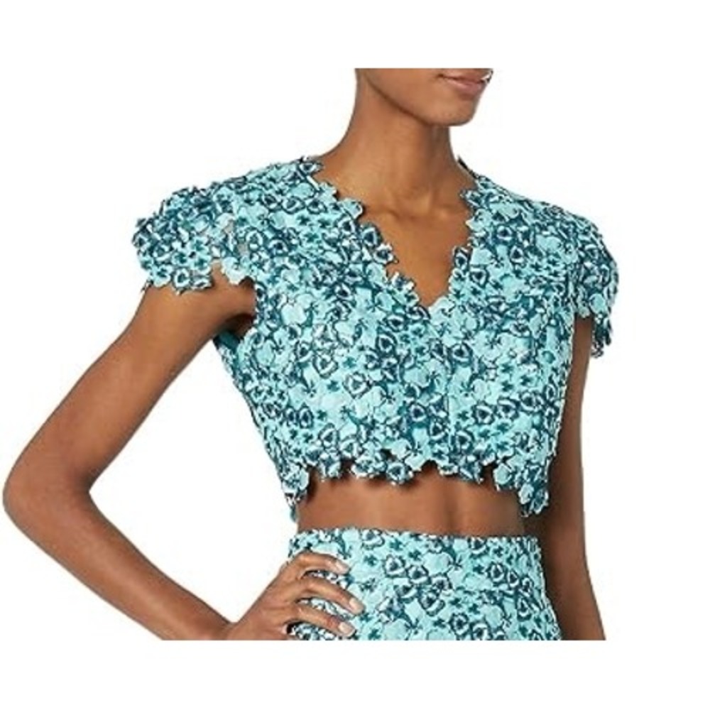 Dress The Population Turquoise Blueā Floral Lace Crop Top V-Neck Short Sleeve S
